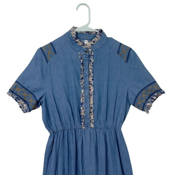 Anthropologie Lapis Maxi Dress Blue Chambray Embroidered Tiered Boho Western L - Picture 4 of 13